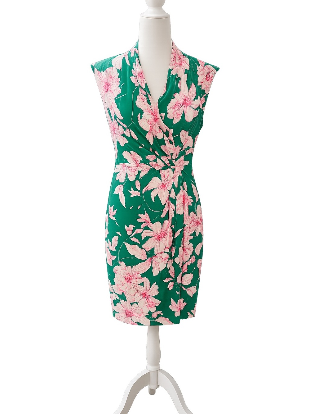 Eliza J Green Pink Floral Faux Wrap Sheath Dress Size 8 Cap Sleeve Stretch